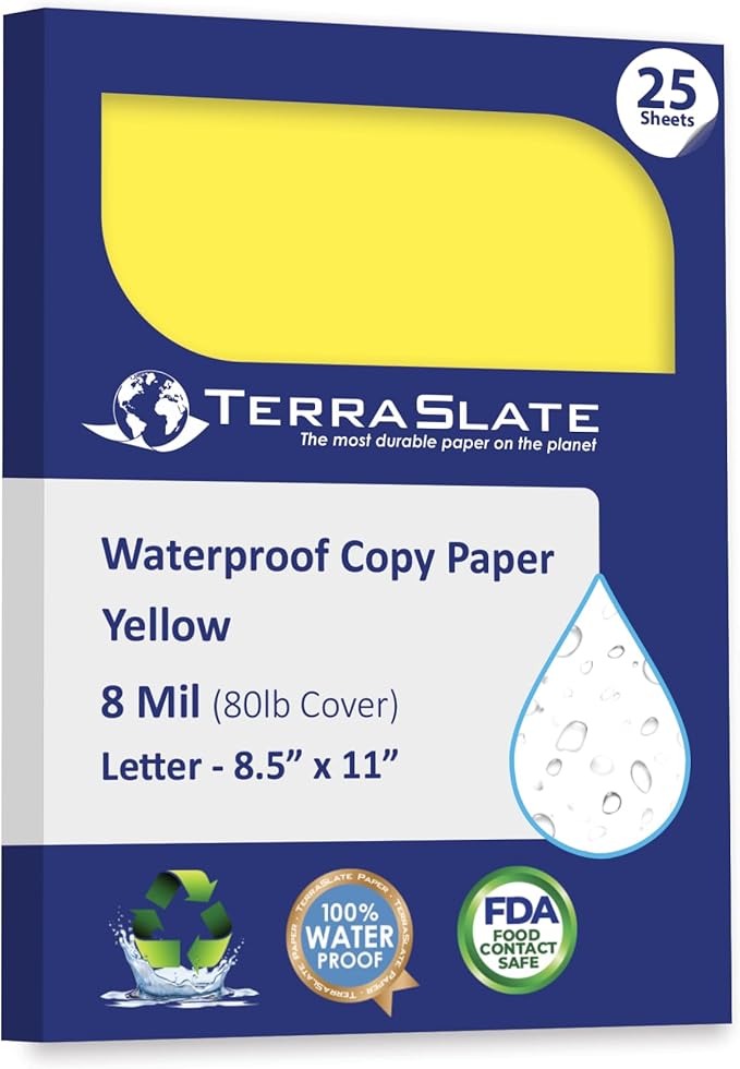 TerraSlate Waterproof Paper, Rip-Proof Colored Paper, Yellow, 25 Sheets, 8 Mil (80lb Cover), 8.5" x 11", Laser Printer and Copy Machine Compatible