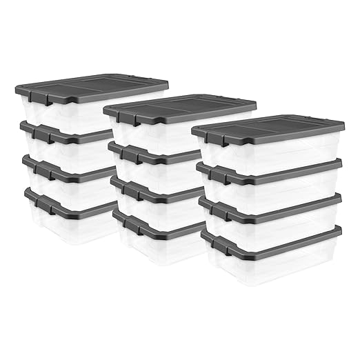 Sterilite 12-Pack Modular Stacker Box, Durable Clear Plastic Storage Bins with Latching Lids, 40 Quart - Stackable Organizing Container Boxes for Closet, Bathroom, and Office