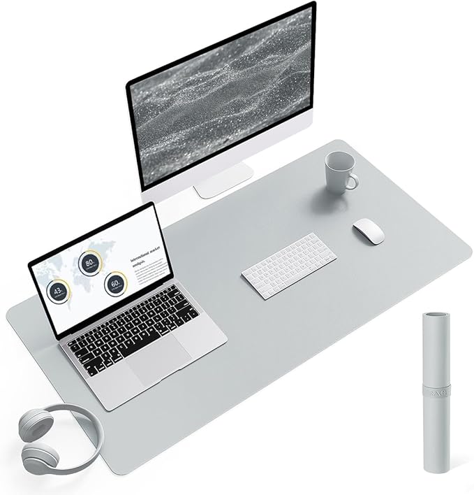 YSAGi Non-Slip Leather Desk Pad L Size, Waterproof Laptop Computer Desk Keyboard Mat, Table Protector Blotter Mat, Large Mouse Pad for Office/Work/Home/Decor(Silver-Grey, 35.4" x 17")