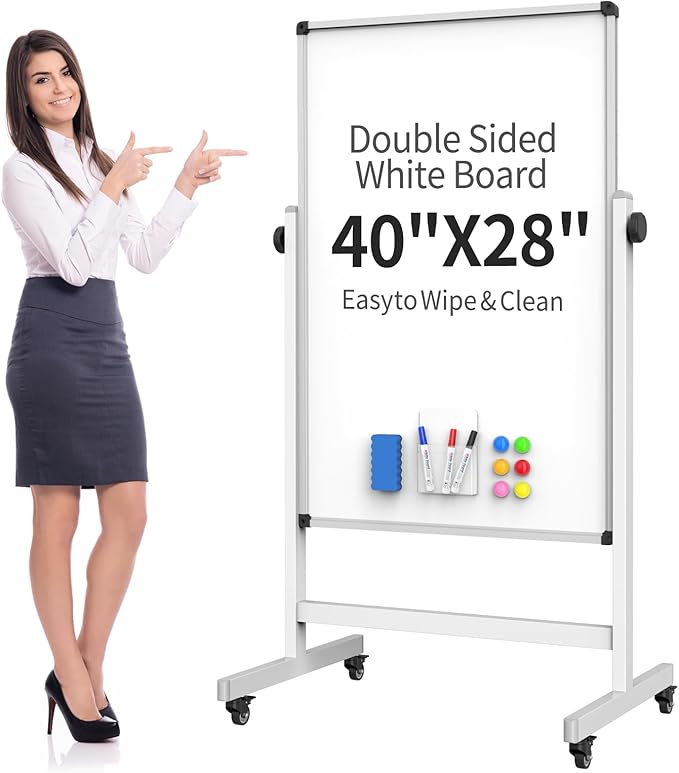 40x28 Inches Mobile Whiteboard, Double Sided Magnetic Dry Erase Board Height Adjustable Whiteboard with Stand for Home Office Classroom