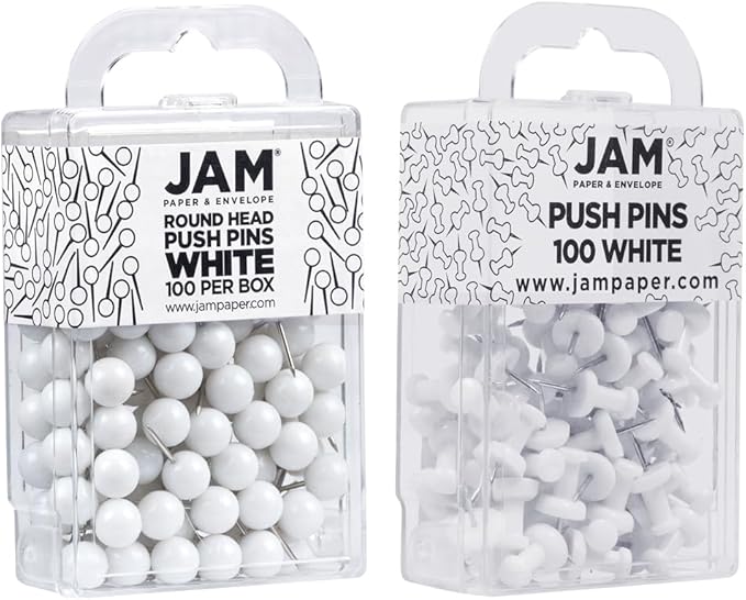 JAM PAPER Colorful Push Pins - Flat & Round Head Thumb Tack Combo Set - White Pushpins - 200/Pack