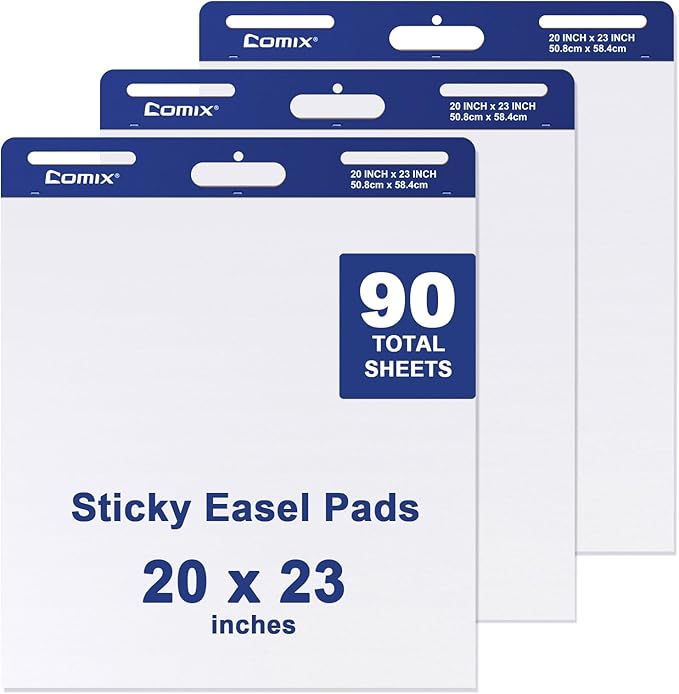 Comix Sticky Easel Pad, Large 20 x 23 Inches Flip Chart Paper for Teachers, Businessmen, Office Workers, Self Stick Easel Paper, 30 Sheets/Pad, 3 Pads/Pack