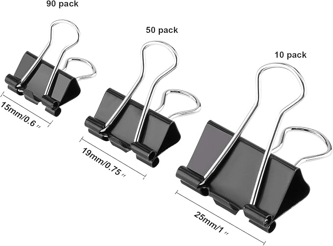 TecUnite 150 Pcs Binder Clips Assorted Sizes Black Paper Clamps Clips Large Medium Small Clips Office Supplies
