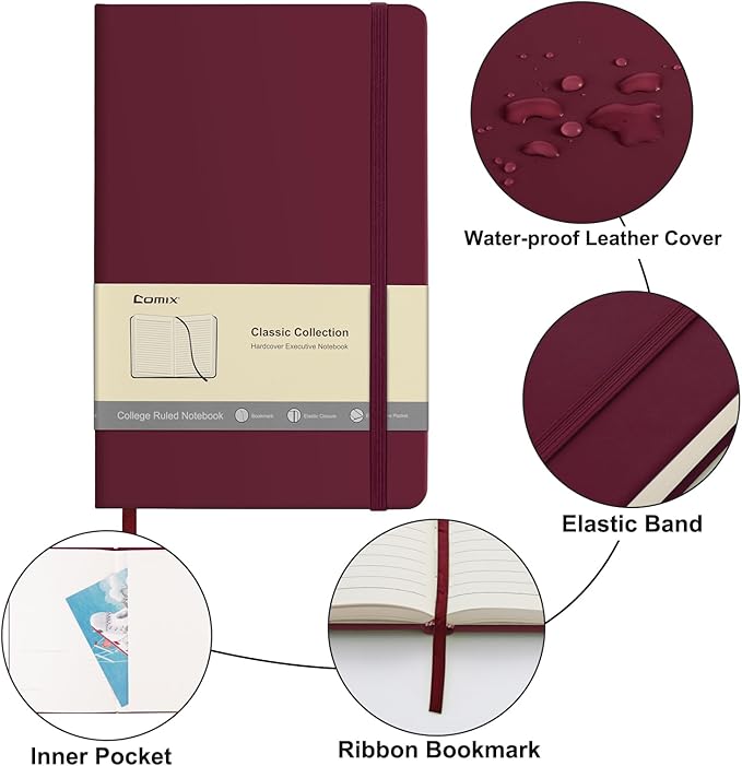 Comix Lined Journal Notebook for Women Men, Journaling Notebooks for Office School Home, Burgundy, 240 Pages, 5.5" x 8.3", College Ruled, A5, Hardcover