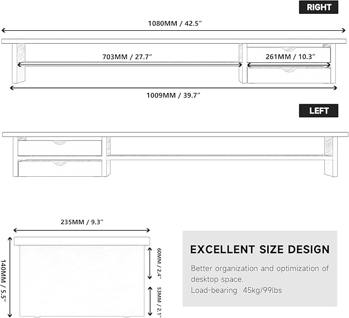 Fenge Monitor Stand, Dual Monitor Riser, 42.5inch Large Desk Computer Monitor Stand Riser with Drawer, 2 Tier Wood & Acrylic Desktop Organizer for Computer, Laptop, Printer, TV Screen Riser