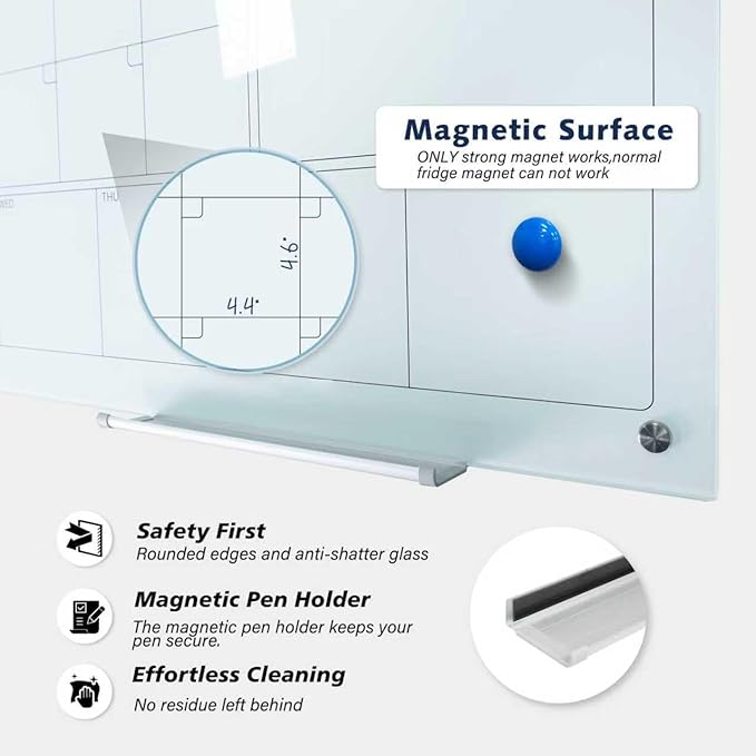 Magnetic Glass Whiteboard Calendar 48"x36" Glass Dry Erase Calender Board 36"x48" Monthly Plan White GlassBoard Wall Mounted for Office School Home (White)