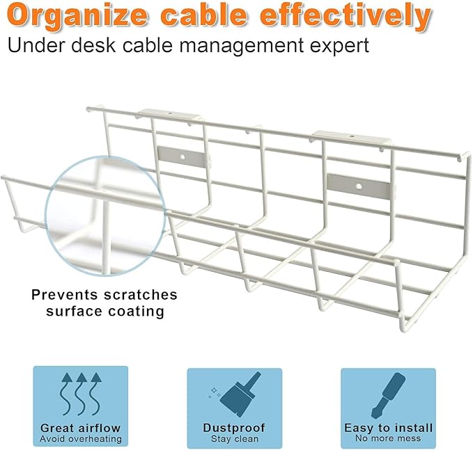 Under Desk Cable Management- 4 Pack Cord Organizer. Metal Wire Cable Management Tray for Office, Studio and Home. Super Sturdy Under Table Cable Managements - White Cable Organizer