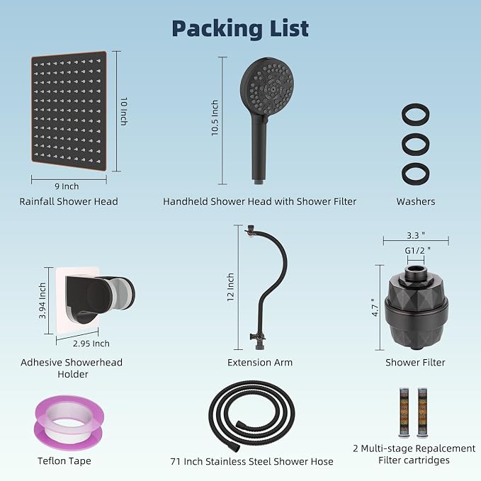 Hibbent All Metal 10'' Dual Filtered Rainfall Shower Head Combo, High Pressure Handheld Shower Head with 12'' Adjustable Extension Arm, 20 Stage Shower Filter, 10-spray, 71'' Hose, Oil Rubbed Bronze