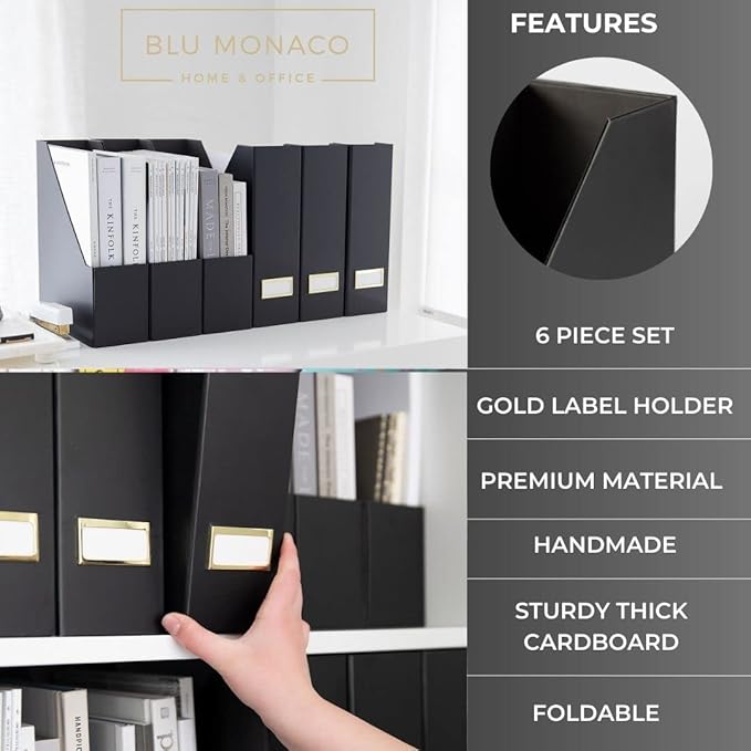 BLU MONACO Declutter in Style - Set of 6 Black Foldable Magazine File Holders with Gold Label Holders - Cardboard Magazine Storage Box & Desk Organizer for Workspace and Shelves