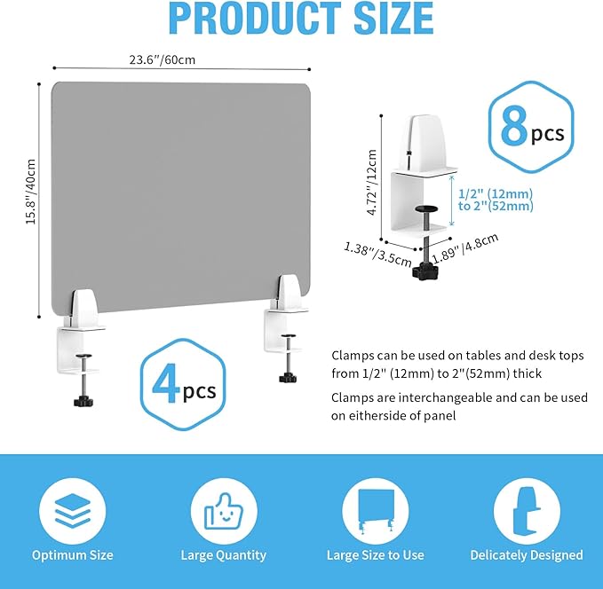 Desk Divider 4 Pcs Desk Privacy Panel 23.6''L x 15.8W'' Office Partitions Grey Acrylic Panel Pack of 4 Desk Divider Partition with Adjustable Universal Base