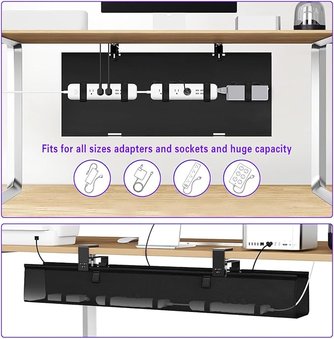 Under Desk Cable Management Tray 36" - No Drill Computer Wire Organizer Cable Tray, Fabric Cord Hider Clamp Mount, Premium Fabric Cable Management Tray for Office, Home (Black/1set)