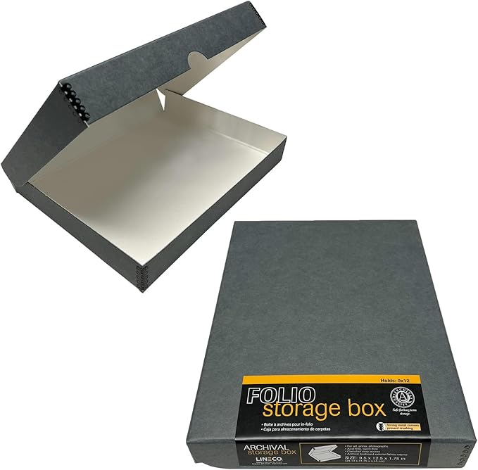 Lineco Folio Storage Box, Clamshell Design with Metal Edge. 9.5x12.5x1.75, Archival Boxboard, Preserve Photos, Prints, Cards, Magazines, Documents, Art, Ephemera, Family Records, Gray, Pack of 2