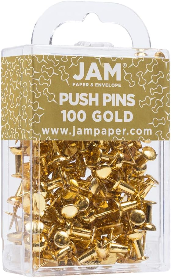 JAM PAPER Colorful Push Pins - Gold Pushpins - 100/Pack