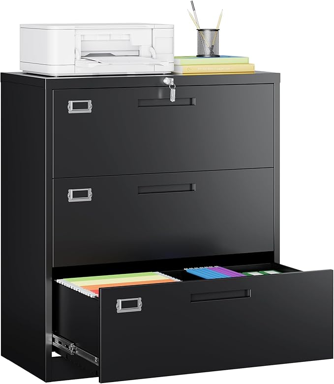 MIIIKO Lateral File Cabinet with Lock, 3 Drawer Lateral Filing Cabinet, Large Deep Drawers Locked by Keys, Metal Storage File Cabinet for Hanging Files Letter/Legal/F4/A4 Size