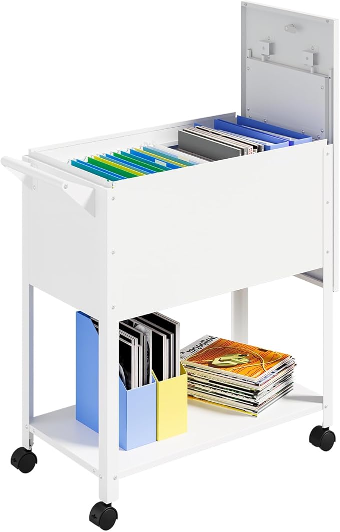 Mobile File Cart with Lock, Rolling File Cabinet Hanging Letter/Legal File Folders with Lockable Sliding Cover, White File Organizer on Wheels