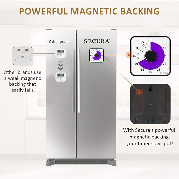Secura 60-Minute Visual Countdown Timer, 7.5-Inch Oversize Classroom Visual Timer for Kids and Adults, Durable Mechanical Kitchen Timer Clock with Magnetic Backing (Purple)