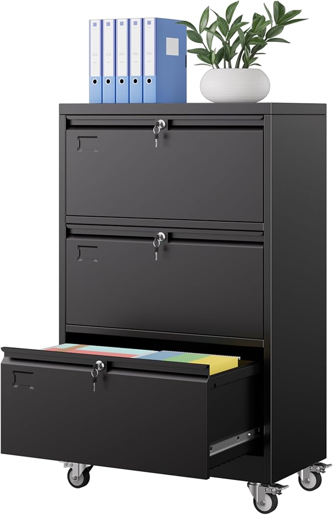 METAN Upgrade 3 Drawers Lateral File Cabinet on Wheels,Steel Office Filing Storage Cabinet with 3 Locks,Assembly Required,Black