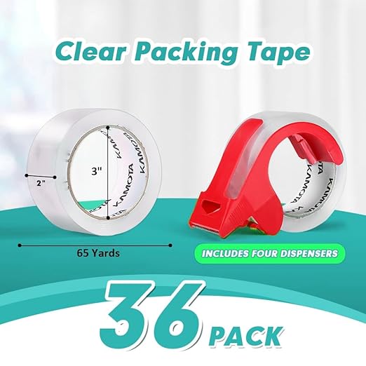 KAMOTA Packing Tape, 36 Rolls Heavy Duty Clear Packaging Tape for Shipping Packaging Moving Sealing, 2 inches Wide, 65 Yards Per Roll, Total 2340 Yards with 4 Dispensers