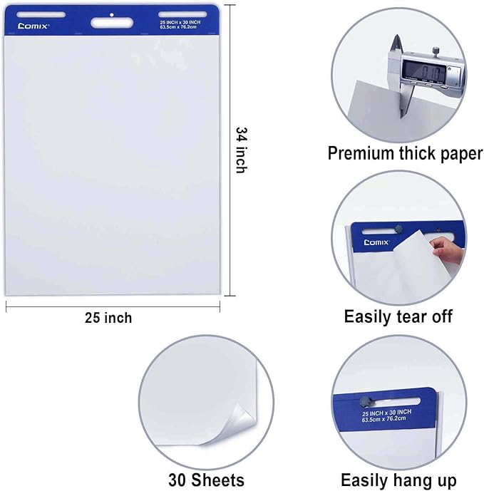 Comix Sticky Easel Pad, 25 x 30 Inches Flip Chart Paper for Teachers, Large Self Stick Easel Paper for Office School Classroom Supplies, 30 Sheets/Pad, 4 Pads/Pack