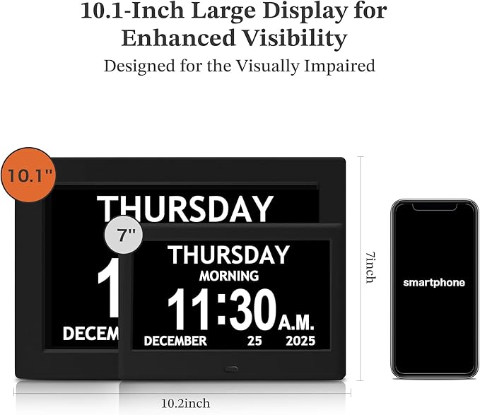 10.1'' Extra Large Digital Clock, 1280*800p HD Display, Dementia Clock For Seniors, Digital Clock With Date, Time, Day Of Week, 10 Reminders & 6 Alarms, Auto Dimming & DST, Remote Control, Black