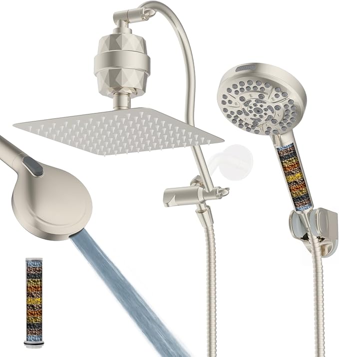 Hibbent All Metal 10'' Filtered Rainfall Shower Head Combo, High Pressure Handheld Shower Head with 12'' Adjustable Curved Extension Arm, 20 Stage Shower Filter, 10-spray, 71'' Hose, Brushed Nickel