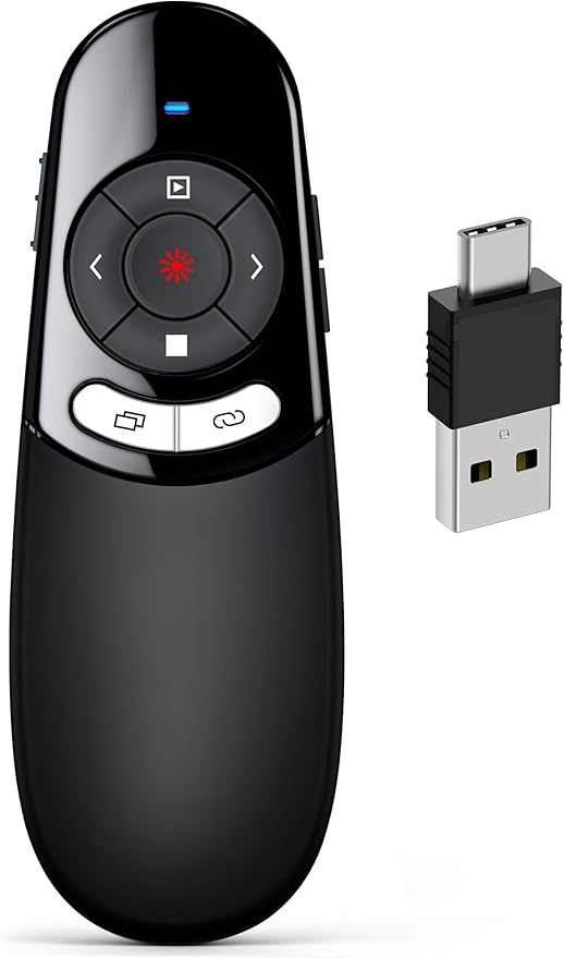DINOSTRIKE 2 in 1 Type C and USB Presentation Clicker for Powerpoint Presentations,RF 2.4GHz Wireless Presenter Remote Slide Advancer with Volume Control for Mac Laptop Computer Office Classroom