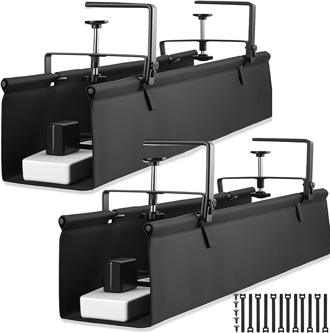 No Drill Under Desk Cable Management Tray, 36" Cord Organizer for Table, Clamp/Screw Mount Desk Cable Management, Premium Fabric Cable Management Tray for Office, Home（Black/2set）