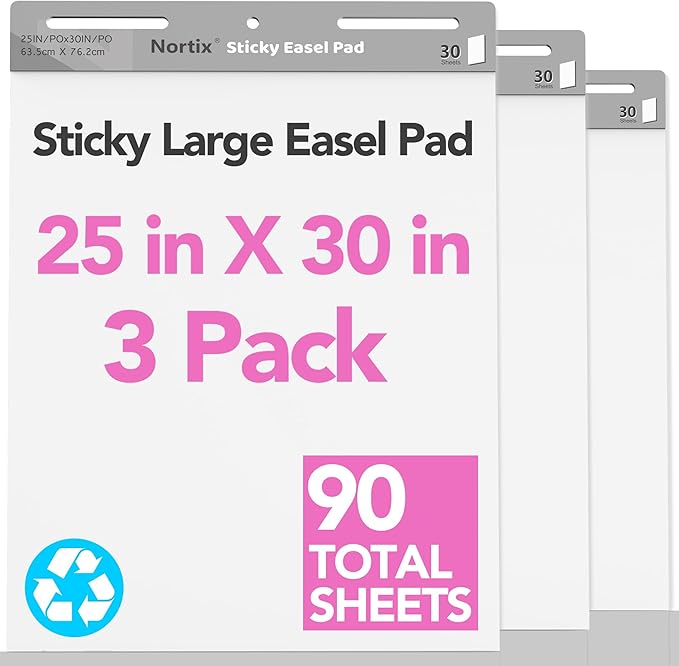 Nortix Flip Chart Paper, Sticky Easel Pads, Chart Paper for Teachers,Super Adhesive & Bleed-Resistant, Large Self-Stick Easel Paper for Classroom/Office, 25 x 30 inch, 30 Sheets/Pad, 3 Pads
