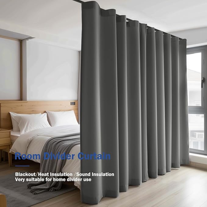 Cbsroro Room Divider Curtains, Blackout Ceiling Track Curtains with Hooks Wall Dividers for Bedroom Living Room Separation Office Privacy Partition, Noise Reduction, W100 × L84 Inch,1 Panel, Grey