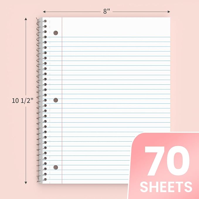Oucaru College Ruled Spiral Notebooks, 8x10.5 Subject Notebook for Office | 5 Pack 1-Subject Notebooks with 70 Sheets Per Book, 3-Hole Punched Lined Paper, for Writing Journal, Home & School