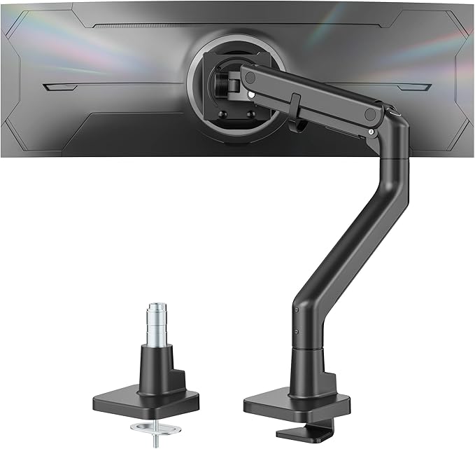 monTEK Heavy-Duty Monitor Arm for 17-57" Ultrawide Curved Screen, Supports up to 59.4 lbs, Adjustable Gas Spring Arm, 75/100 VESA Mount, Clamp & Grommet Desk Monitor Mount Single, Black