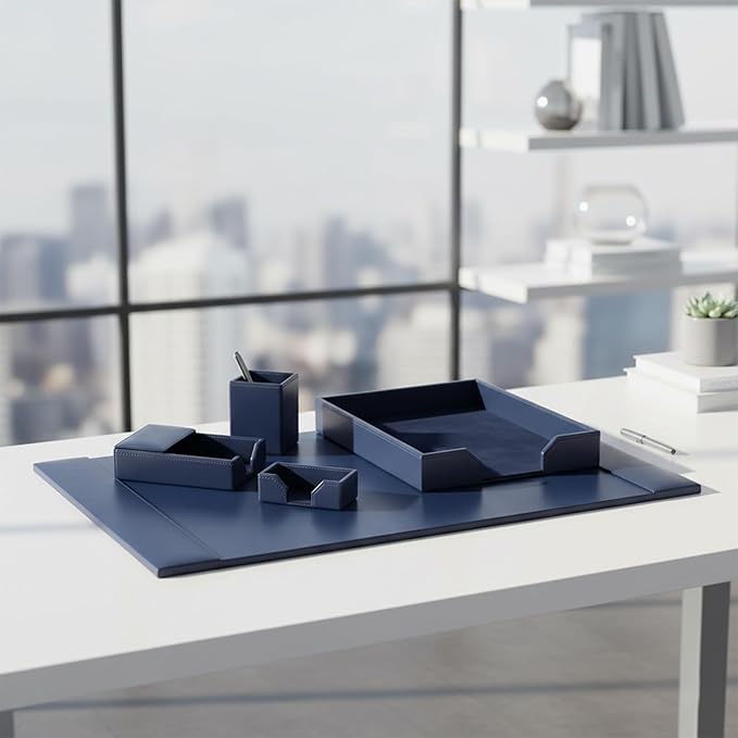 DACASSO Bonded Leather Desk Set - Luxury Leather Desk Pad & Desk Organization Essentials (Navy Blue, 5 Piece)