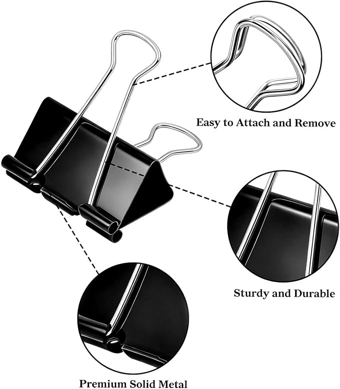 Temiary Binder Clips, Large Metal Binder Paper Clip Black 1.6 Inch, 24 Pcs | Paper Clamps with Clear Storage Container, Binding Paperwork Clamps for School Teachers Office Supplies
