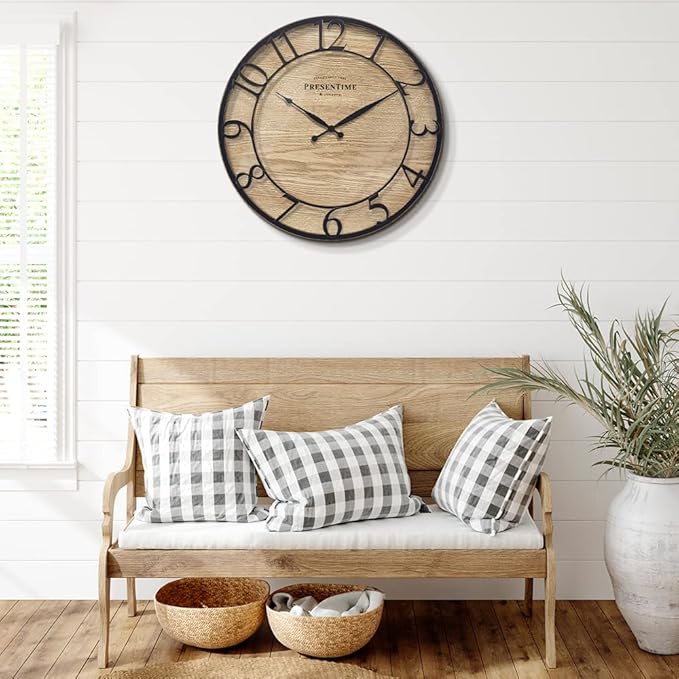 Presentime & Co 21" Farmhouse Series Wall Clock, Cottage Style, Vintage Design, Oil Rubbed Antique Bronze Finish. Wall Décor for Living Room, Dining Room, and Entryway.