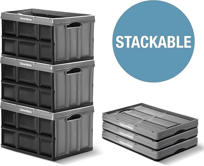 CleverMade Collapsible Storage Bins - Stone 3 Pack 32L - Stackable Containers Heavy Duty Capacity Folding Crates - Space-Saving for Home