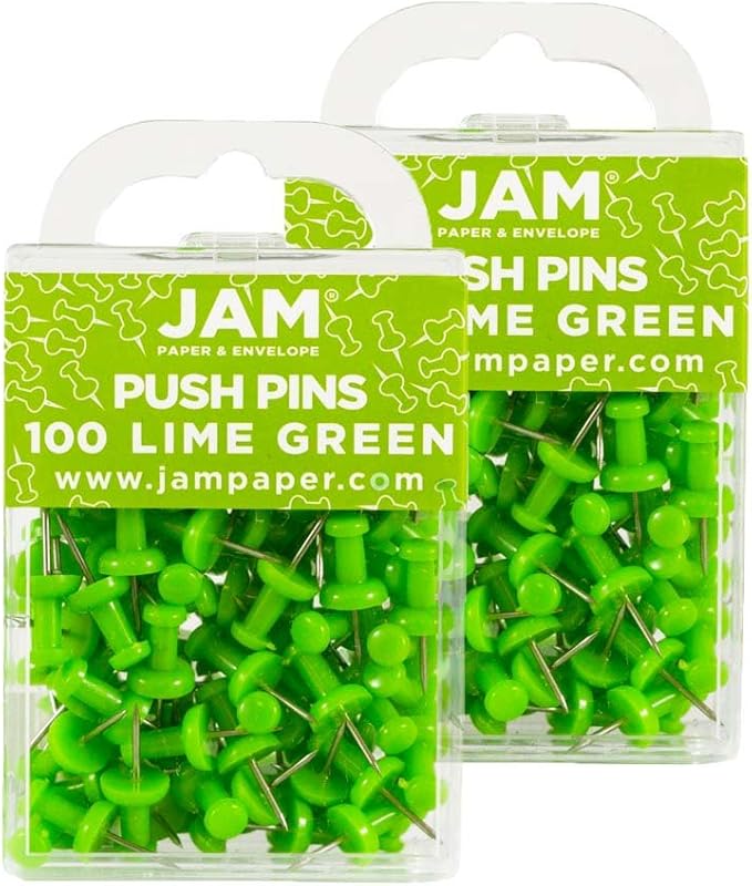 JAM PAPER Colorful Push Pins - Lime Green Pushpins - 2 Packs of 100