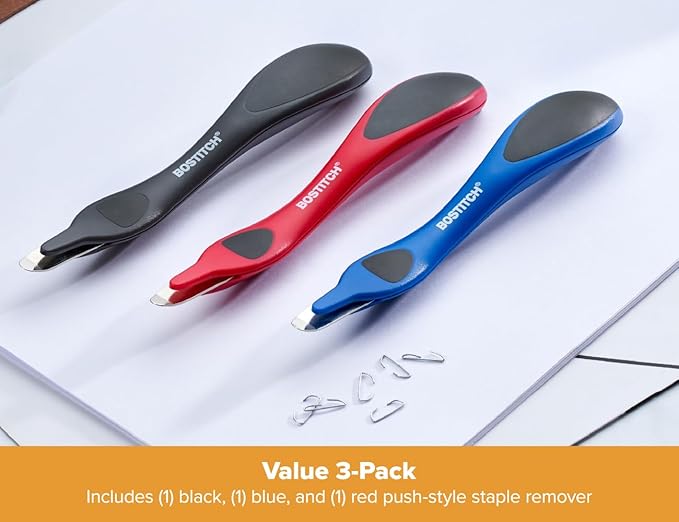 Bostitch Office Professional Magnetic Easy Staple Remover, Staple Puller Stick for Office, Home & School - Black, Blue, & Red, 3 Pack
