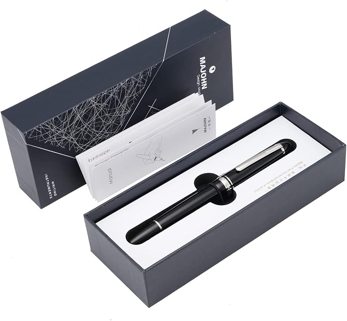erofa Majohn P136 Piston Fountain Pen 1.1mm Stub Nib with Box, Black Resin Writing Pen Set