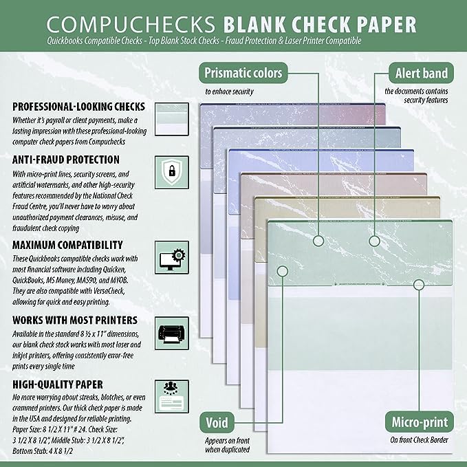 Compuchecks Check on Top Blank Check Paper - 250 Pack, Quick-Books & Laser Printer Compatible - Security Business Checks with Voucher - 8.5" x 11" Green Diamond