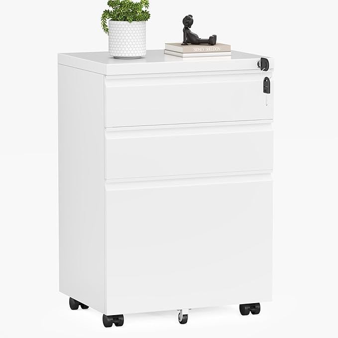 INTERGREAT 3 Drawer Mobile File Cabinet with Lock, Metal Filing Cabinets for Home Office, Rolling Under Desk Organizer for Letters/Legal/A4, (Fully Assembled-White)