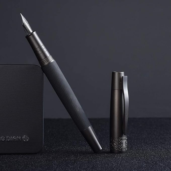 Pure Black Fountain Pen, PVD Coated Black Bent Nib Solid Metal Fude Pen, Metal Box Set by Hongdian