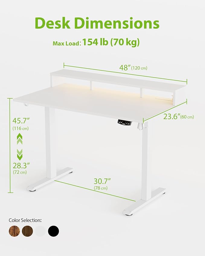 Electric Height Adjustable Standing Desk with Power Outlet and LED Light Strip, Sit to Stand, Ergonomic 48x24" Rising Desk with Memory Presets, Home Office Workstation, Computer Gaming Table, White