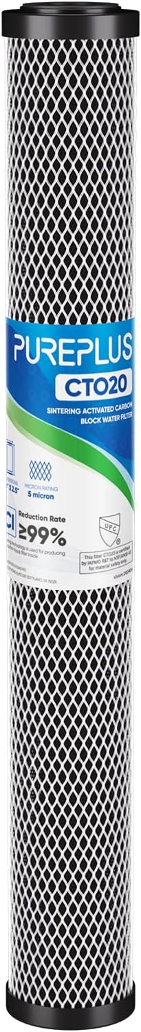 PUREPLUS 5 Micron 20" x 2.5" Whole House CTO Carbon Sediment Water Filter Cartridge Compatible with C1-20, EP-20, HX-CB-25-2010, F3WCB32, Pack of 1