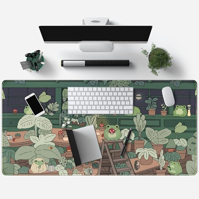 Cute Frog Kawaii Green Desk Decor Mat, Large Gaming Mouse Pad for Computer Keyboard Laptop, Home Office Accessories for Girl (31.5x15.7 in)-with Stitched Edges Pad