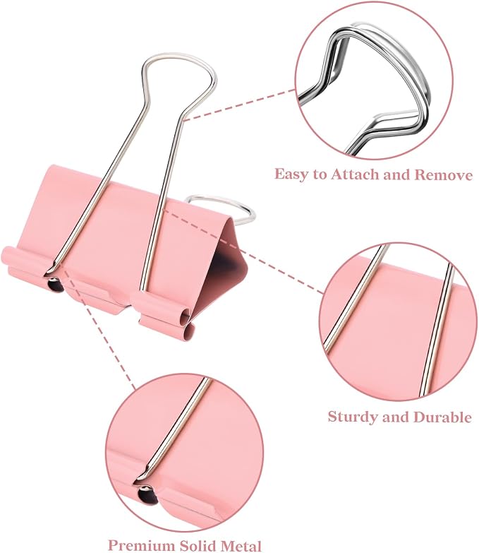 Temiary Aesthetic Binder Clips, Medium Metal Binder Clip with Clear Storage Container, Binding Paperwork Clamps for School Teachers Office Supplies (Pink 1.26 Inch, 24P)