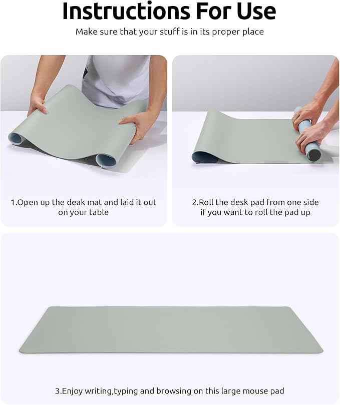 YSAGi Leather Desk Protector, Office Mat, Large Mouse Mat, Non-Slip PU Leather Blotter, Laptop Pad, Waterproof Writing Pad for Office and Home (Grayish Green, 31.5" x 15.8")