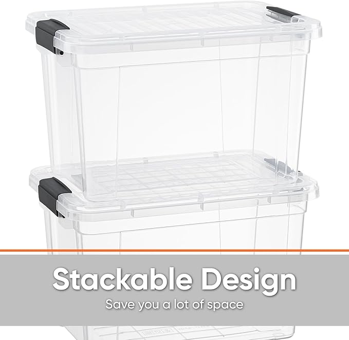 Superio Clear Storage Boxes with Lids, 26.5 Quart Plastic Container Bins for Organizing, Stackable Crates, BPA Free, Non Toxic, Odor Free, Organizers for Home, Office and Dorm, 4 Pack