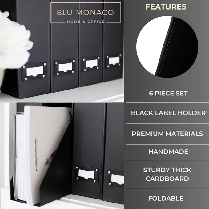 BLU MONACO Foldable Black Magazine File Holder – Set of 6 | Cardboard Desk File Organizer Boxes with Leather Label Holders | Vertical Magazine Storage for Office, Classroom & Home