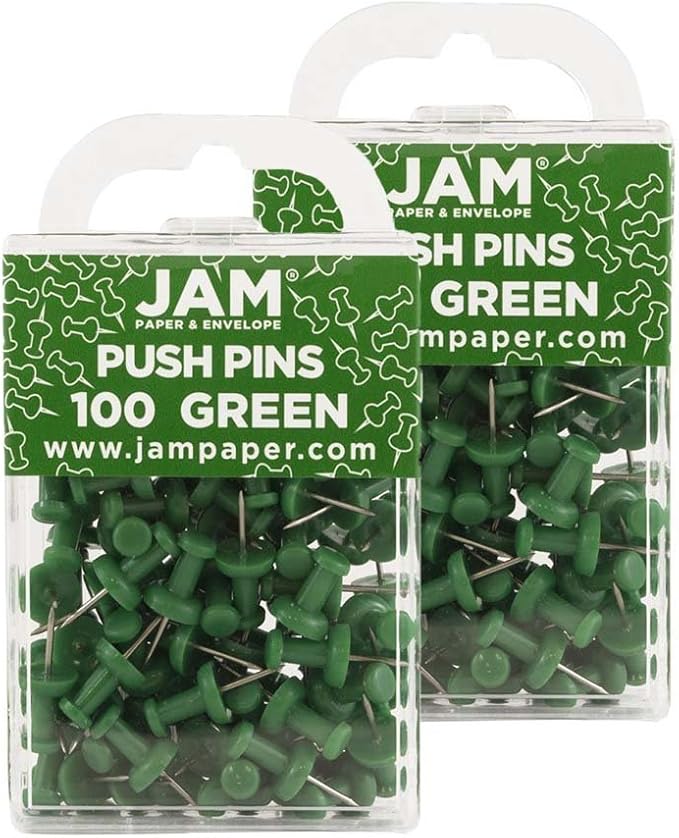 JAM PAPER Colorful Push Pins - Green Pushpins - 2 Packs of 100