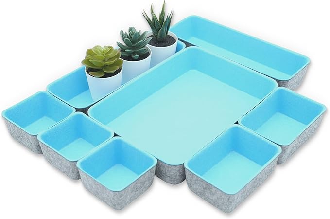 Welaxy Drawer organizers bins dividers storage trays shallow organizing box for office supplies makeup nightstand catchall key holder cozy room decor 8-piece (Baby blue)